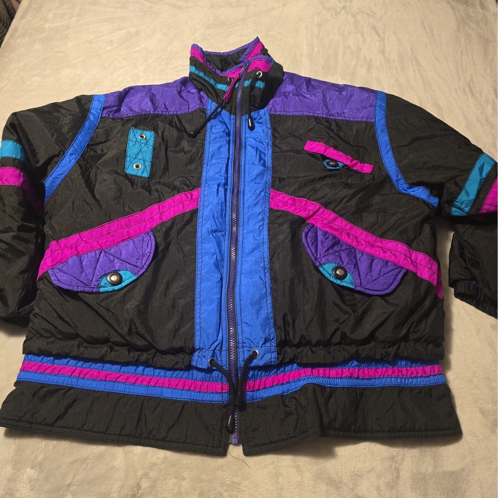 Vintage East West Ski Jacket Puffer Womens Medium Black Neon Colorblock 80s 90s
